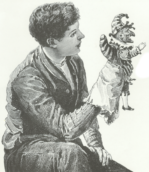 Drawing of a man holding a puppet.